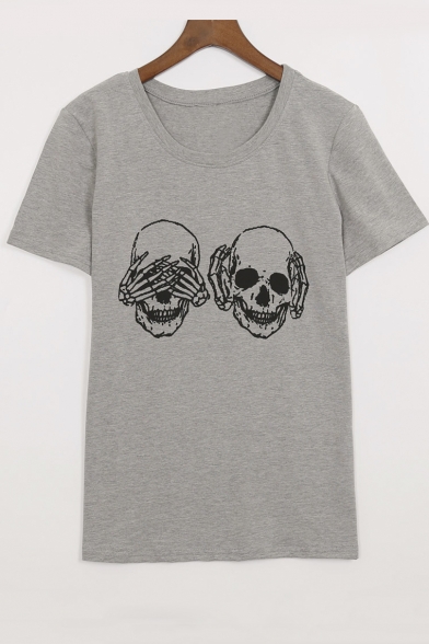 Women's Skull Print Round Neck Short Sleeve Casual Cotton Tee