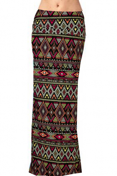 Fashion Geometric Tribal Printed Color Block Maxi Bodycon Skirt