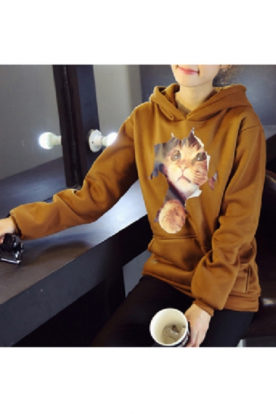 Fashion Hooded Cat Printed Long Sleeve Hoodie Sweatshirt with One Pocket