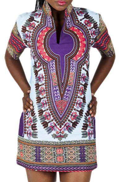 Women's African Vintage Color Block Dashiki Tribal Short Dress