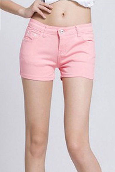 Women's Candy Color Plain Mid Waist Denim Shorts