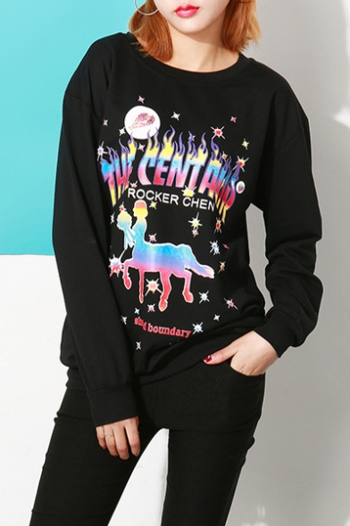 Women's Colorful Graphic Printed Round Neck Long Sleeve T-Shirt