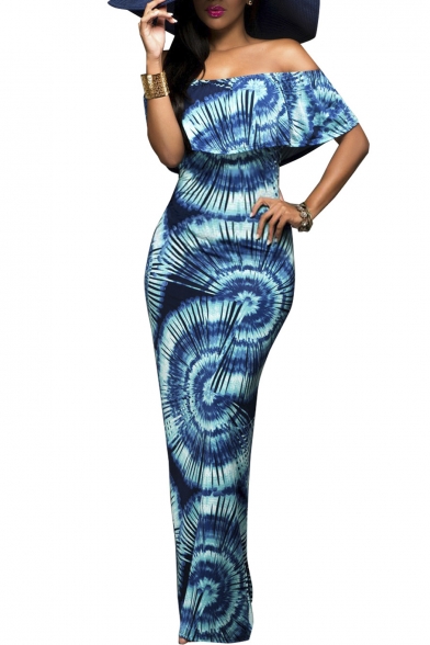 Women's Elegant Boho Printed Off Shoulder Bodycon Party Maxi Dress