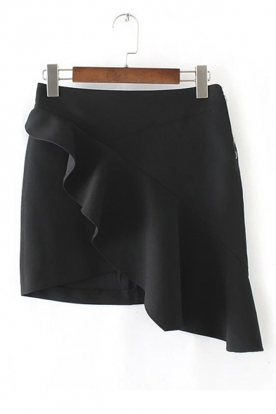 Women's Fashion Asymmetrical Ruffle Trim Plain Wrap Bodycon Mini Skirt