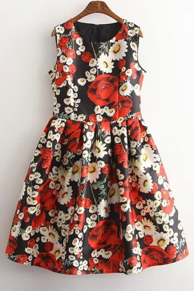 Women's Fashion Floral Printed Sleeveless A-Line Mini Dress