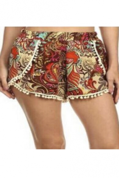 Women's Summer Elastic Waist Floral Print Pom-Pom Hem Beach Shorts