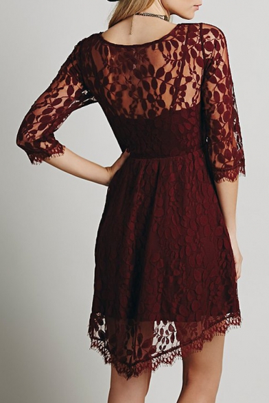 Elegant Lace Floral Pattern Half Sleeve Mini Asymmetric Dress