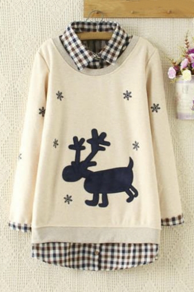 New Stylish Plaid Lapel Deer Snowflake Printed False Two-Piece Pullover Sweatshirt