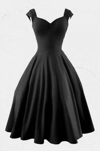 Vintage V-Neck Cap Sleeve Plain Midi A-Line Flare Dress