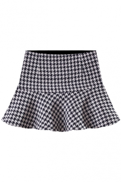 Women's Chic Houndstooth Plaid Pattern Ruffle Hem Mini Skirt