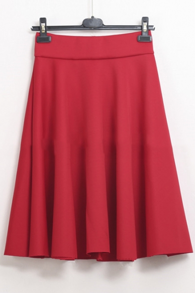 Women's High Waist Basic Plain Pleated A-Line Midi Skirt
