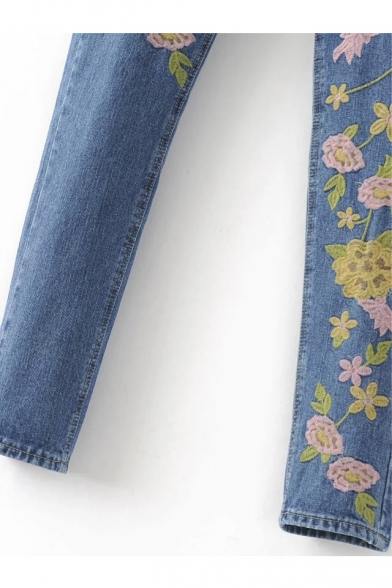 New Contrast Embroidery Floral Pattern Mid Waist Skinny Jeans