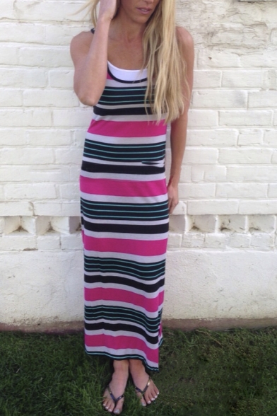 Sexy Striped Color Block Sleeveless Tank Maxi Dress