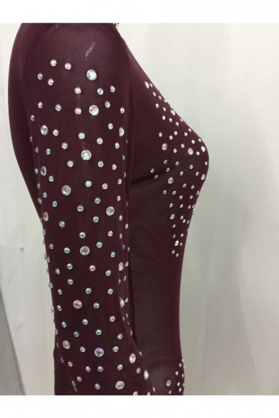 Women's Sexy Mesh See Through Rhinestone Bodycon Clubwear Jumpsuit Romper