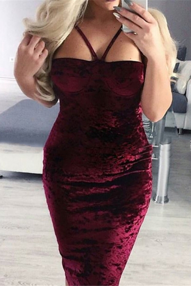 Women's Sexy Spaghetti Straps Bodycon Burgundy Maxi Dress