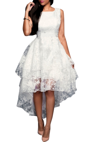 Women's White Floral Print Gauze Panel Multi Layer Sleeveless Hi-lo Dress