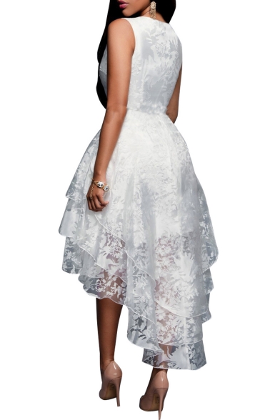 Women's White Floral Print Gauze Panel Multi Layer Sleeveless Hi-lo Dress