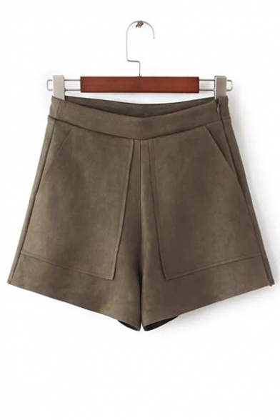 Chic High Waist Plain Shorts with Two Pockets