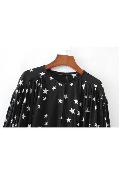 Star Printed Long Sleeve High Low Hem Single Breasted New Spring Button Down Top