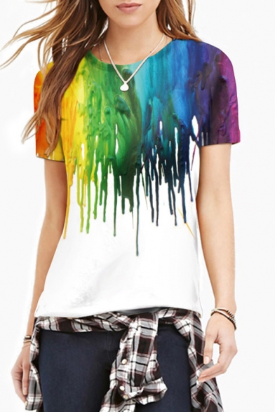 Women's Fashion Color Block Digital Print Round Neck Short Sleeve Basic T-Shirt