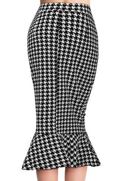Women's Fashion Houndstooth Print Fishtail Hem Midi Pencil Skirt