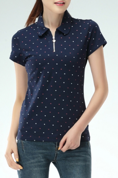 Women's Printed Polo Collar Short Sleeve Casual Basic Tee