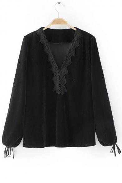 Women's V-Neck Lace Patched Ribbons Sleeve Cuff Casual Velvet Pullover Blouse
