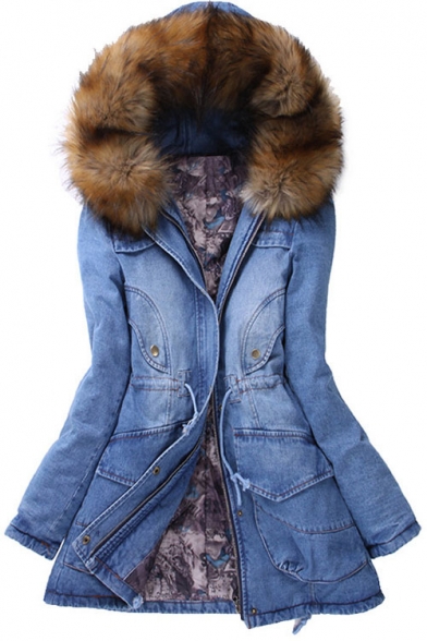 Women's Winter Fur Hooded Zip Placket Cotton Coat Denim Coat