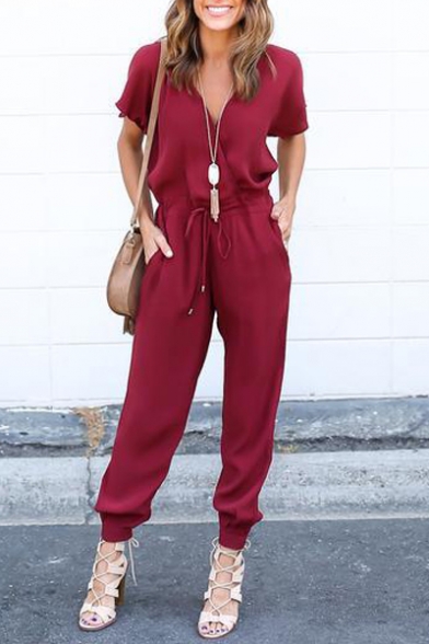Women Casual Short Sleeve Drawstring Rompers Jumpsuits - Beautifulhalo.com