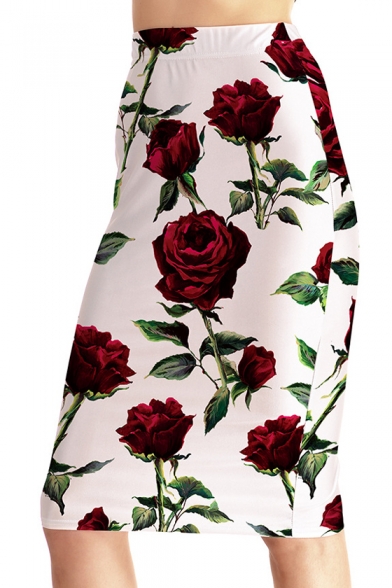 Women's Fashion Floral Print High Rise Pencil Midi Skirt
