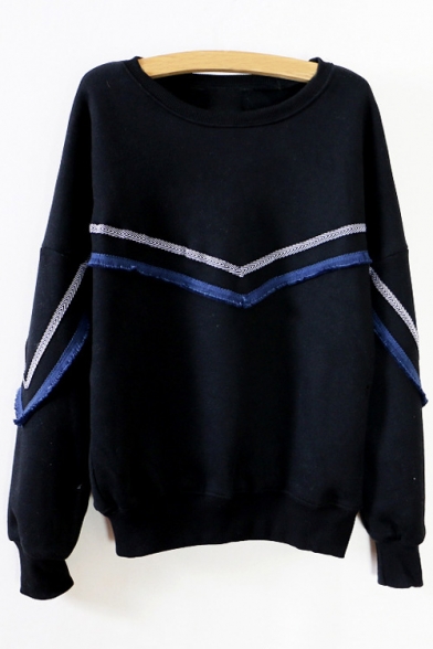 Women's Round Neck Long Sleeve Color Block Pullover Sweatshirt