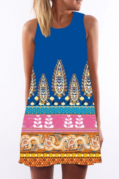 Women's Round Neck Sleeveless Digital Print Shirts Tank Top Mini Dress