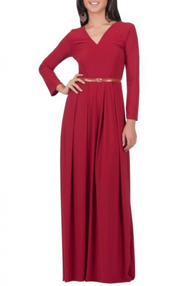 v neck long sleeve belted maxi dress