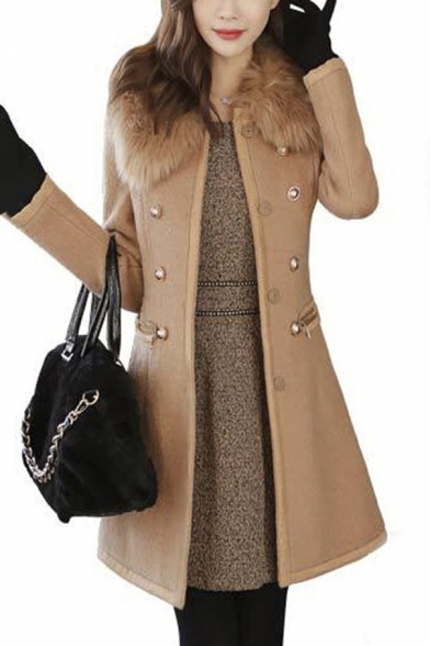 Chic Detachable Fur Lapel Double Breasted Plain Tunic Coat