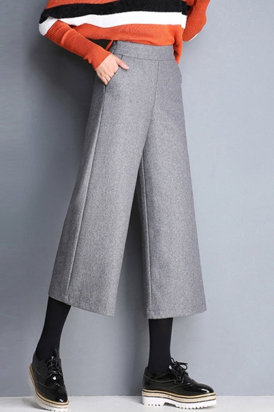 Fashion Leisure Zip Side Plain Wide Leg Cropped Pants with Two Pockets