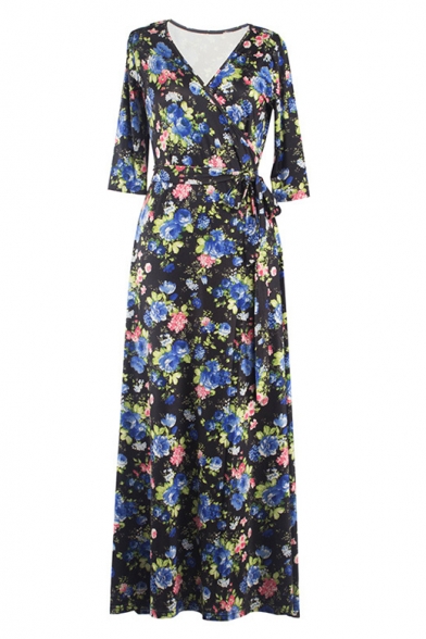 Fashion V-Neck Wrap Front Long Sleeve Floral Printed Tied Waist Maxi Dress