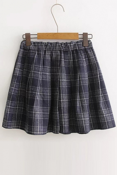 Women's Elastic Waist Vintage Plaid Print Casual Basic Pleated Mini Skirt