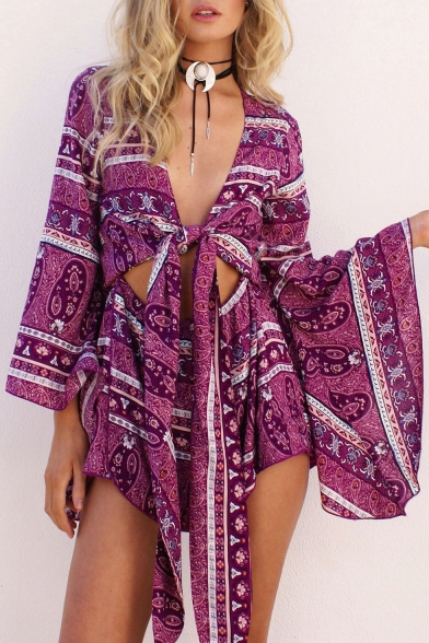 Women's Holiday Plunge Neck Flare Sleeve Knots Front Tribal Print Casual Rompers