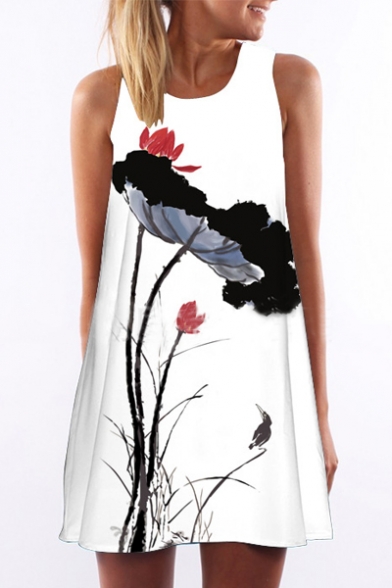 Women's Round Neck Sleeveless Digital Print Shirts Tank Top Mini Dress