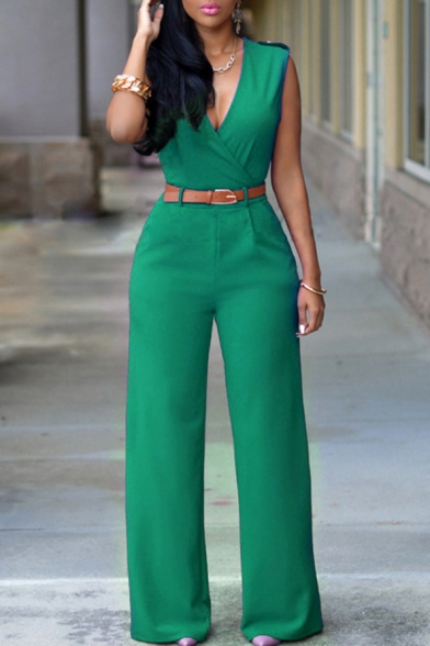 Women's Sleeveless V Neck Long Loose Jumpsuits Rompers