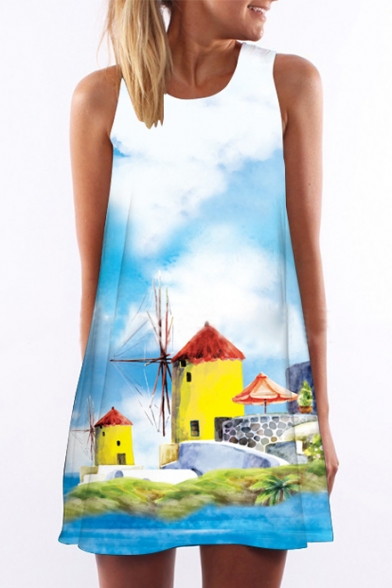 Women's Windmill Chalet Painting Print Sleevess Round Neck Mini Shift Dress