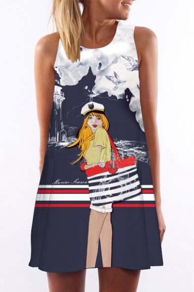 Women Sleeveless Cartoon Printed Mini Tunic One-Piece Shift Dress