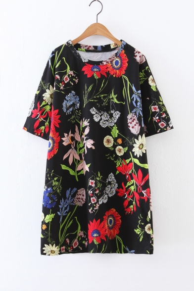 Fashion Floral Printed Color Block Round Neck Short Sleeve Mini T-Shirt Dress