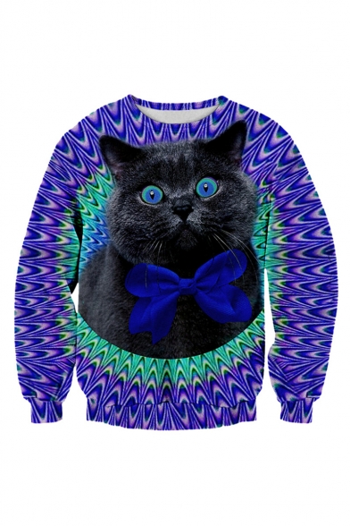 Unisex 3D Cat Printed Color Block Round Neck Pullover Sweatshirt