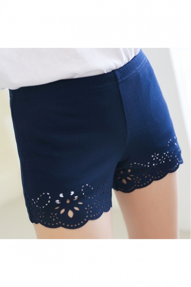 Women's Fashion Cutout Floral Pattern Plain Shorts