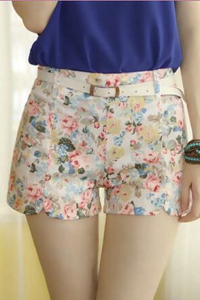 Women's Fashion Floral Print Summer Shorts with Belt