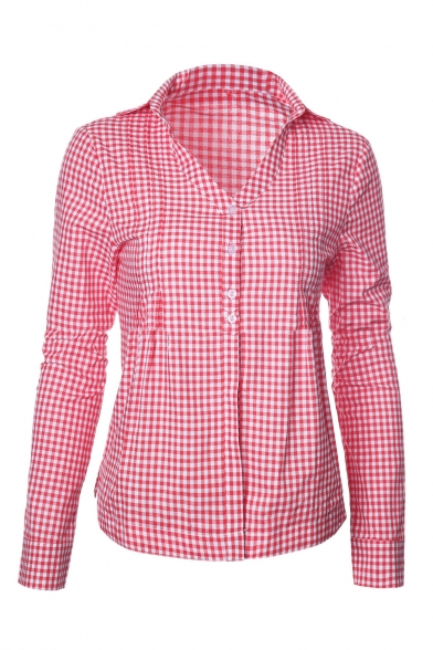 Fashion V-Neck Plaid Single Breasted Long Sleeve Button Down Shirt