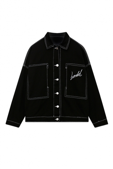 Plain Single Breasted Lapel Embroidery Letter Black Denim Jacket in Seamed Detail