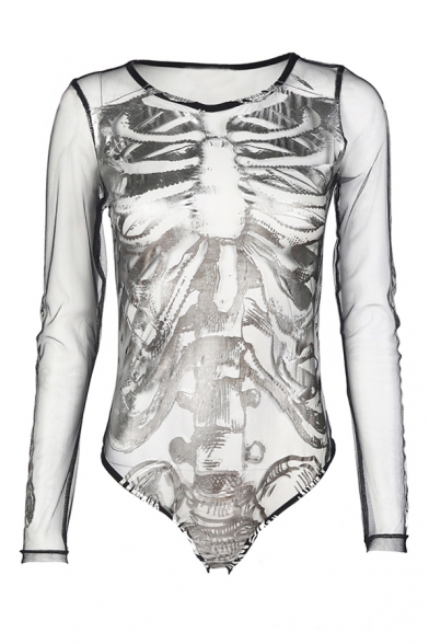 Sexy Sheer Long Sleeve Round Neck Skeleton Printed Bodysuit
