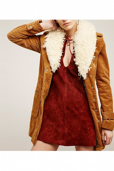 Women's Retro Single Breasted Long Sleeve Fur Collar Corduroy Outwear Coat